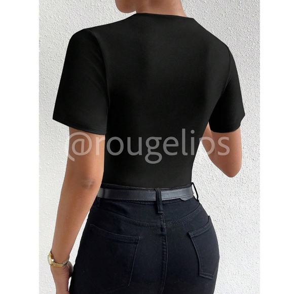 Ruched Black Asymmetrical Short Sleeve Bodysuit  Stretchy - Picture 3 of 10